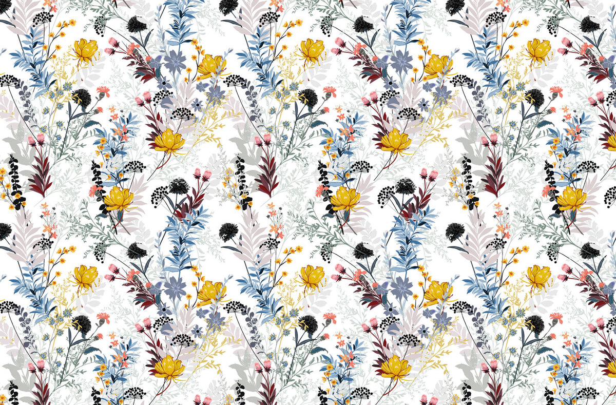 Colourful Wildflower Wallpaper : Yellow and Blue Meadow Pattern - flat design