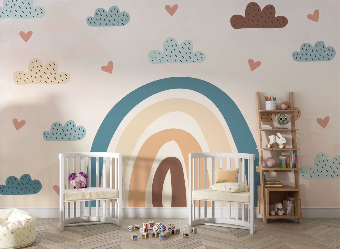 Soft Rainbow Clouds Wallpaper : Pastel Hearts Nursery Mural