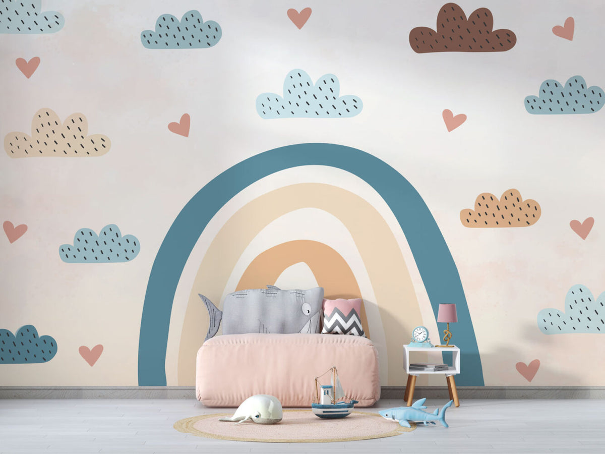 Soft Rainbow Clouds Wallpaper : Pastel Hearts Nursery Mural - View 2