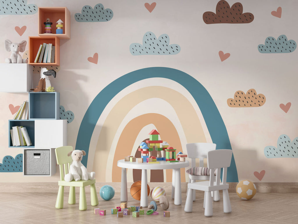 Soft Rainbow Clouds Wallpaper : Pastel Hearts Nursery Mural - View 3