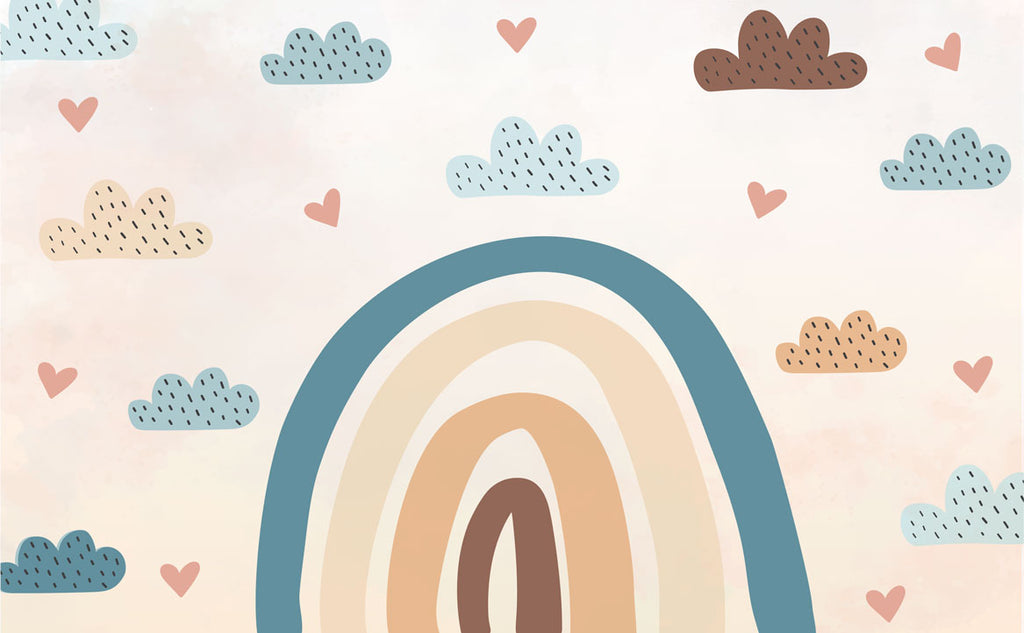 Soft Rainbow Clouds Wallpaper : Pastel Hearts Nursery Mural - flat design