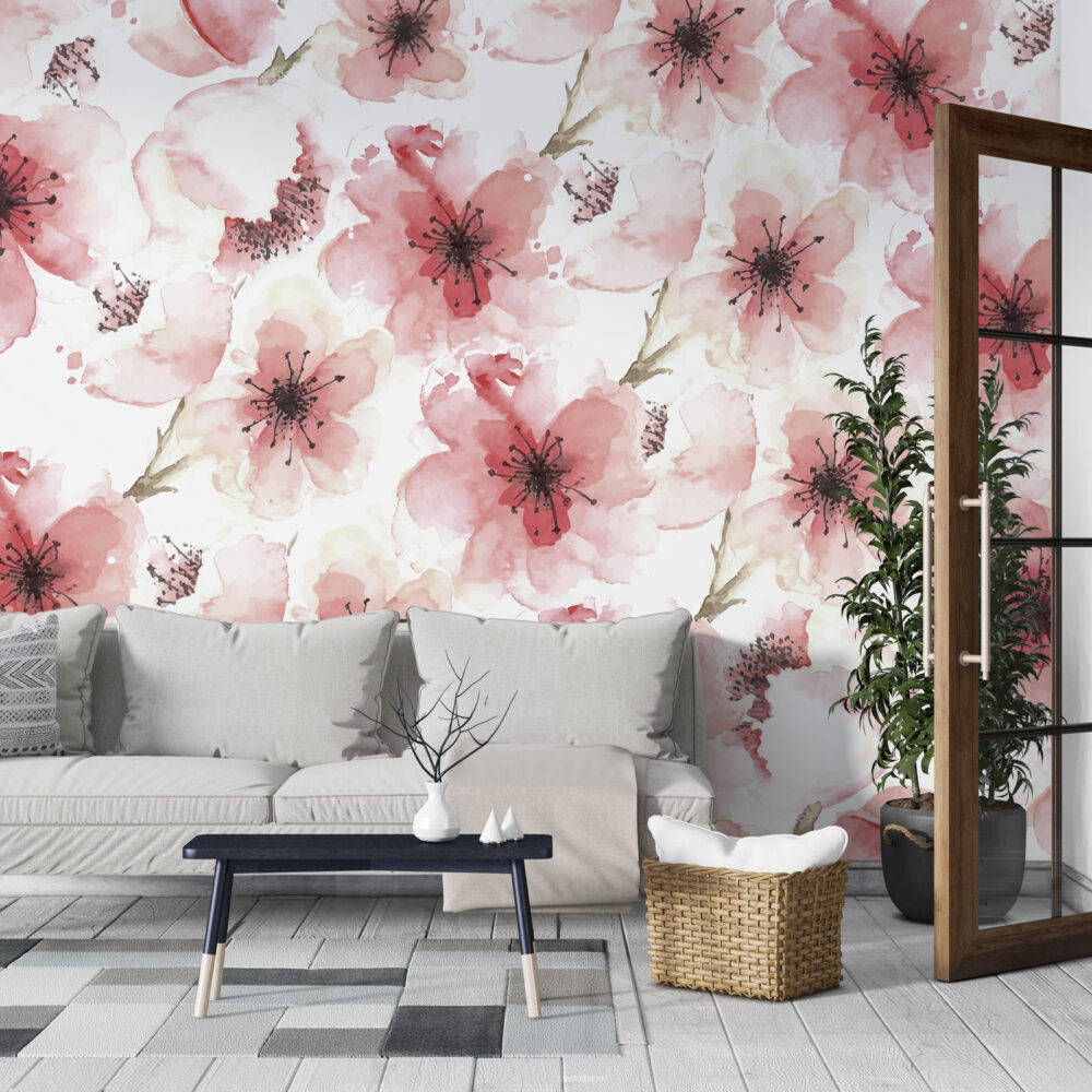 Pink Watercolor Blossom Wallpaper : Soft Cherry Flowers Pattern - View 2