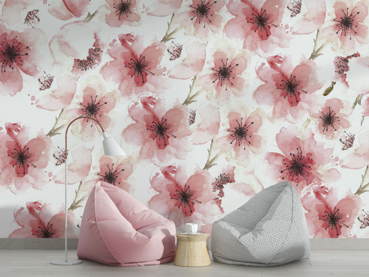 Pink Watercolor Blossom Wallpaper : Soft Cherry Flowers Pattern