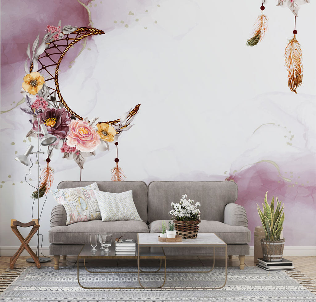 Boho Dreamcatcher Wallpaper : Lilac Watercolor Moon Feather Mural - View 2