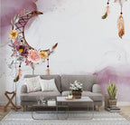 Boho Dreamcatcher Wallpaper : Lilac Watercolor Moon Feather Mural - View 2