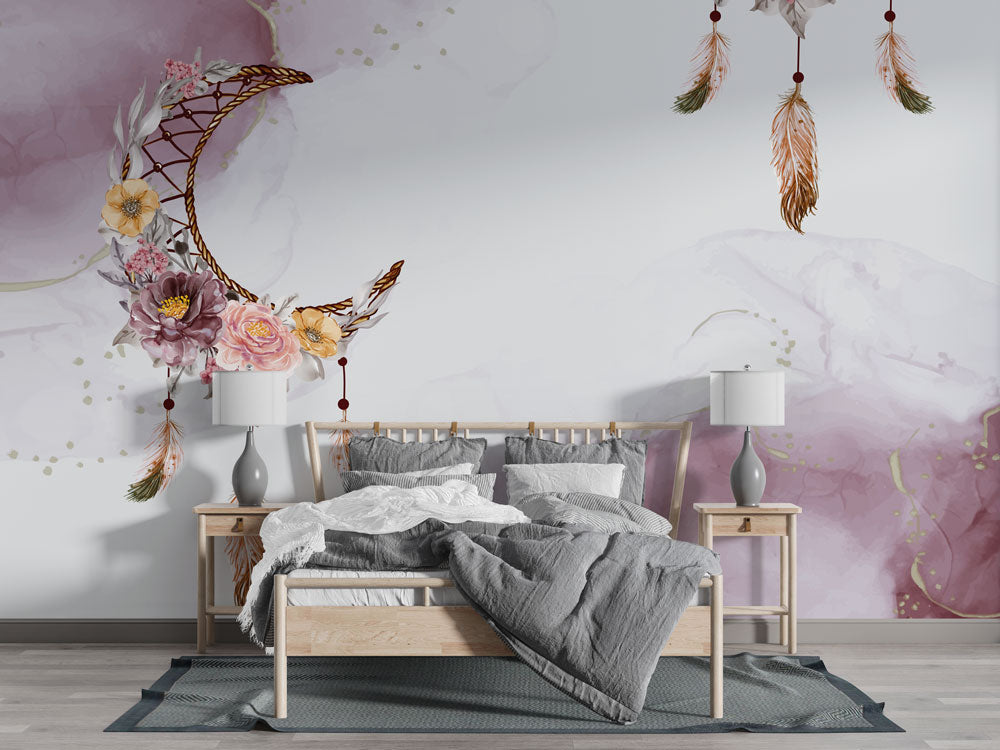Boho Dreamcatcher Wallpaper : Lilac Watercolor Moon Feather Mural - View 3