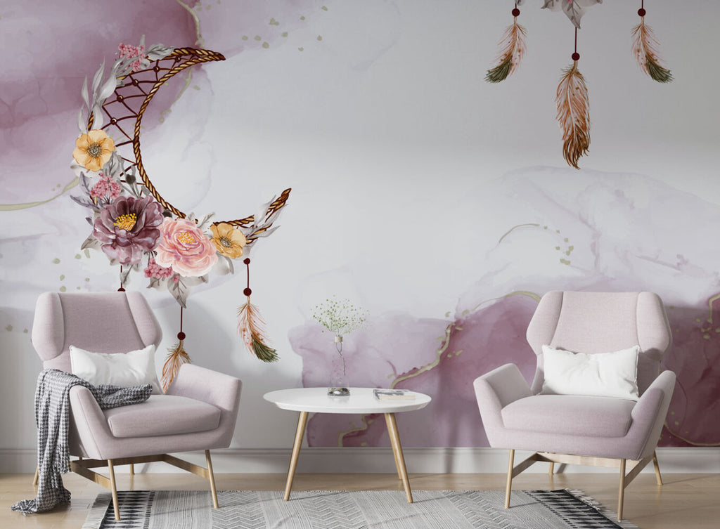 Boho Dreamcatcher Wallpaper : Lilac Watercolor Moon Feather Mural