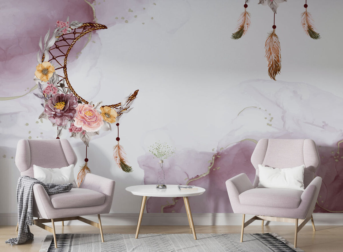 Boho Dreamcatcher Wallpaper : Lilac Watercolor Moon Feather Mural