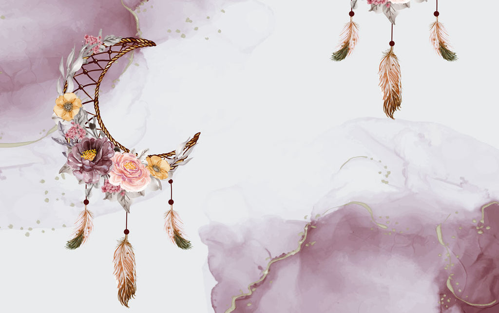 Boho Dreamcatcher Wallpaper : Lilac Watercolor Moon Feather Mural - flat design