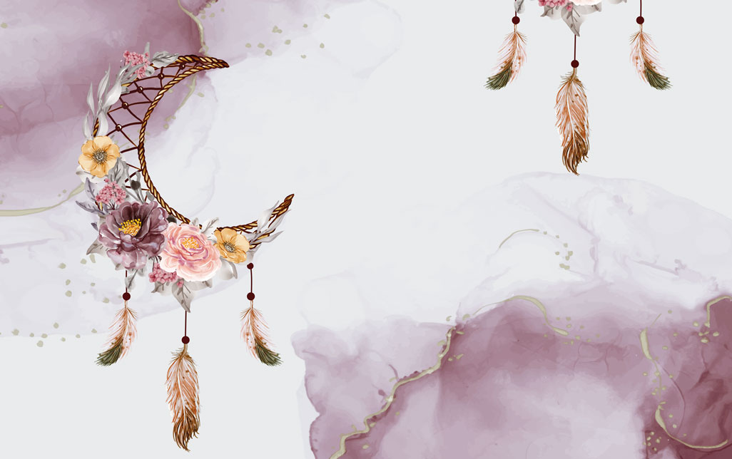 Boho Dreamcatcher Wallpaper : Lilac Watercolor Moon Feather Mural - flat design