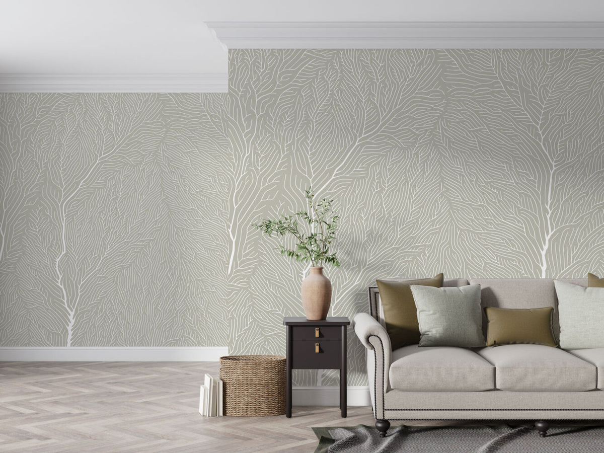 Coral Branch Wallpaper : Beige Line Art Tree Vein Mural - View 2