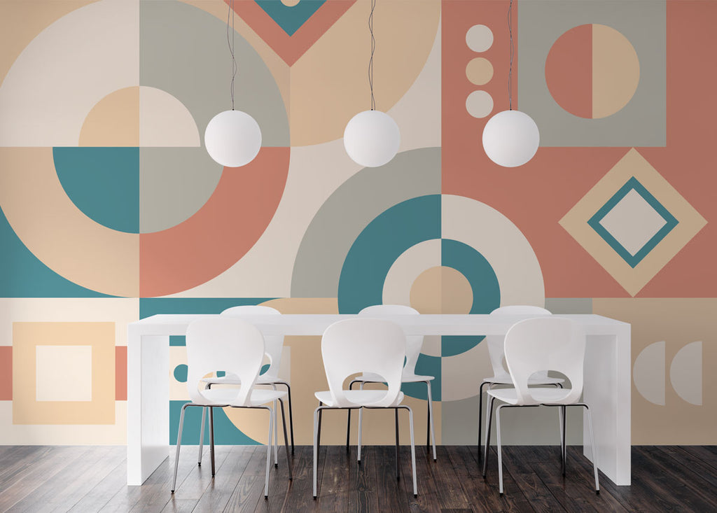 Mid-Century Geometric Wallpaper : Teal Coral Shapes Mural