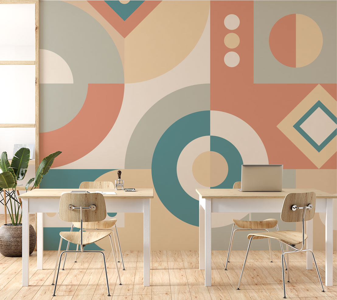 Mid-Century Geometric Wallpaper : Teal Coral Shapes Mural - View 2