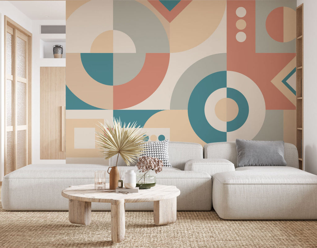 Mid-Century Geometric Wallpaper : Teal Coral Shapes Mural - View 3