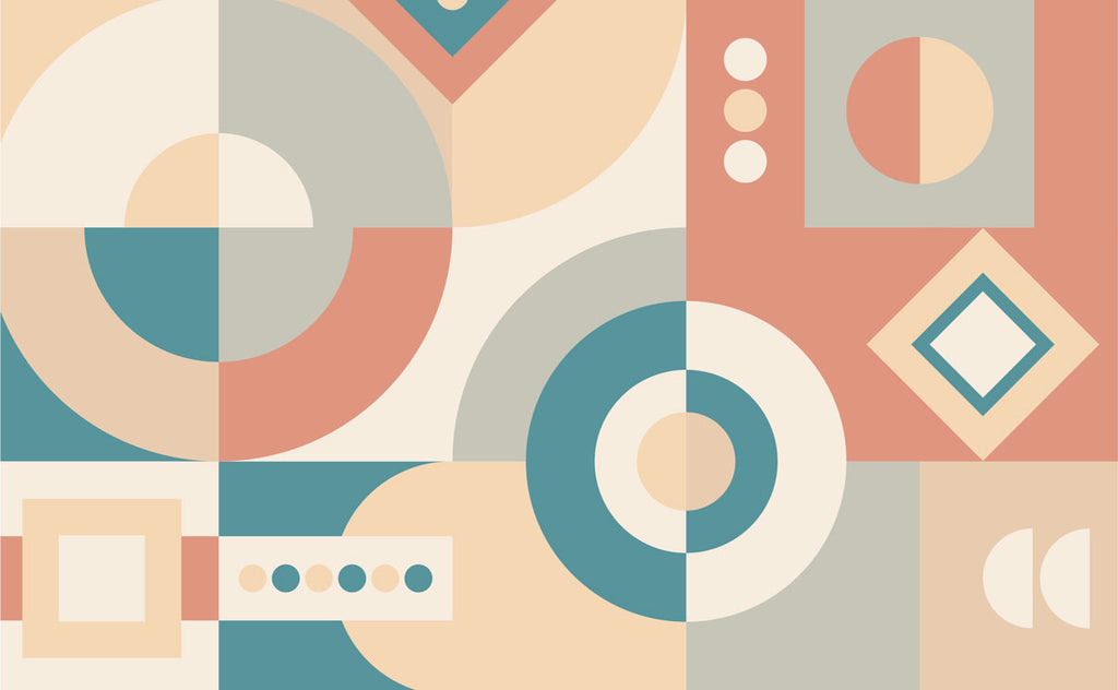 Mid-Century Geometric Wallpaper : Teal Coral Shapes Mural - flat design