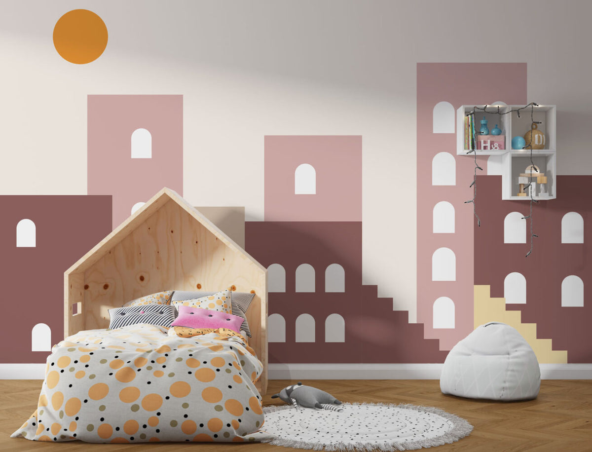 Pink City Wallpaper : Boho Arch Buildings Sunset Mural - View 2