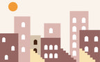 Pink City Wallpaper : Boho Arch Buildings Sunset Mural - flat design