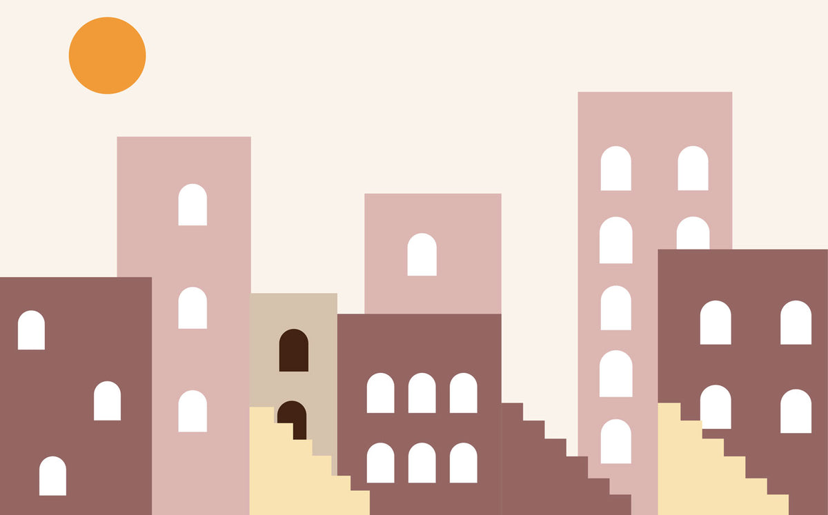 Pink City Wallpaper : Boho Arch Buildings Sunset Mural - flat design