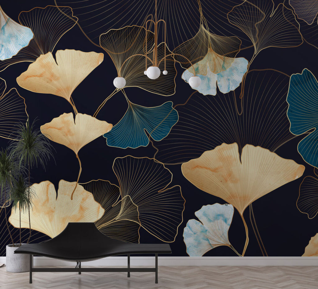 Gold Ginkgo Wallpaper : Navy Teal Leaf Line Art Mural - View 2