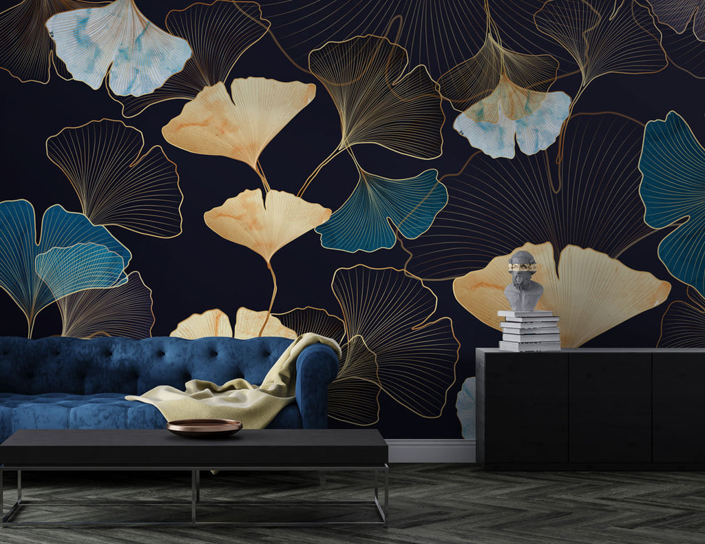 Gold Ginkgo Wallpaper : Navy Teal Leaf Line Art Mural