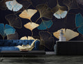 Gold Ginkgo Wallpaper : Navy Teal Leaf Line Art Mural