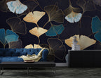 Gold Ginkgo Wallpaper : Navy Teal Leaf Line Art Mural