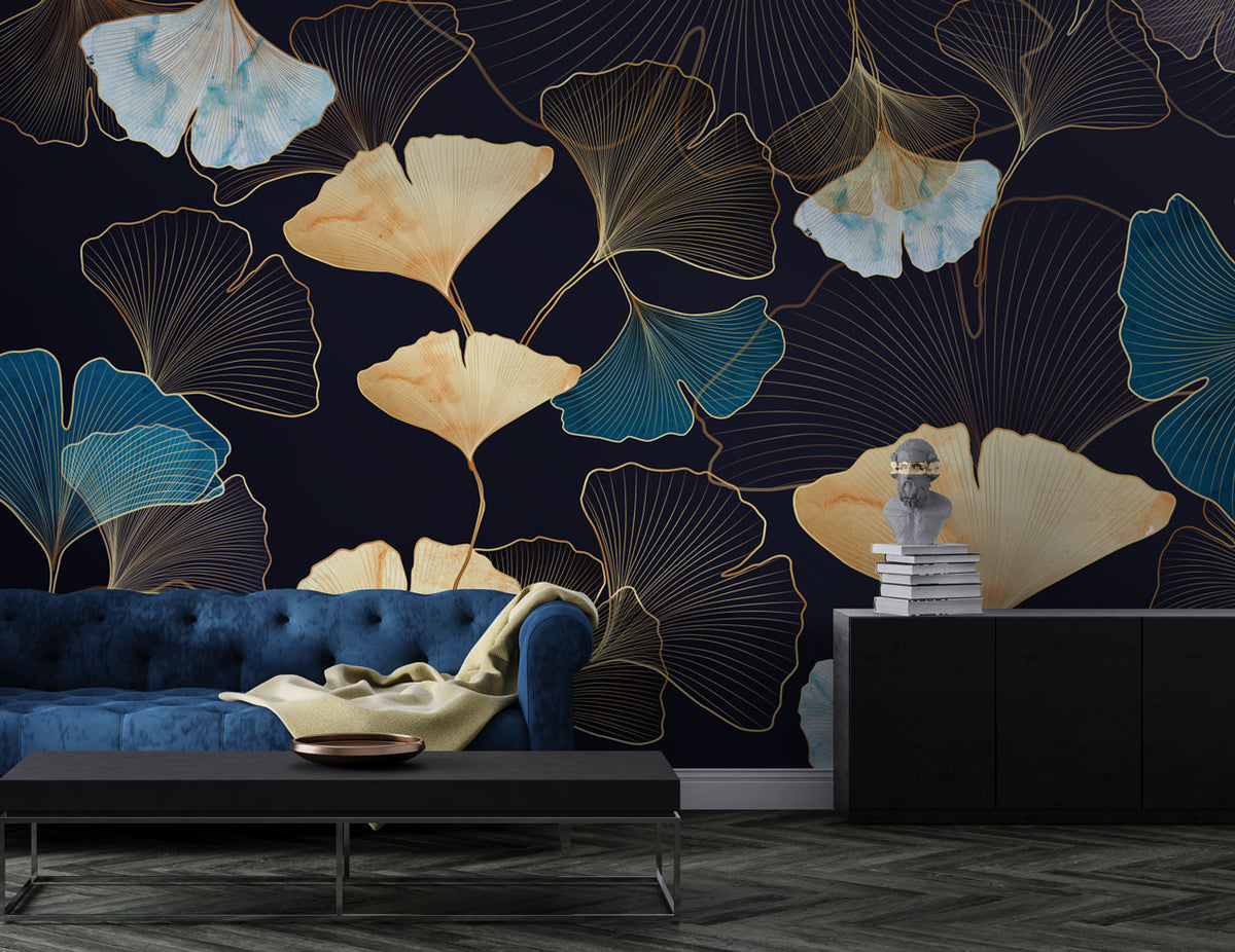 Gold Ginkgo Wallpaper : Navy Teal Leaf Line Art Mural