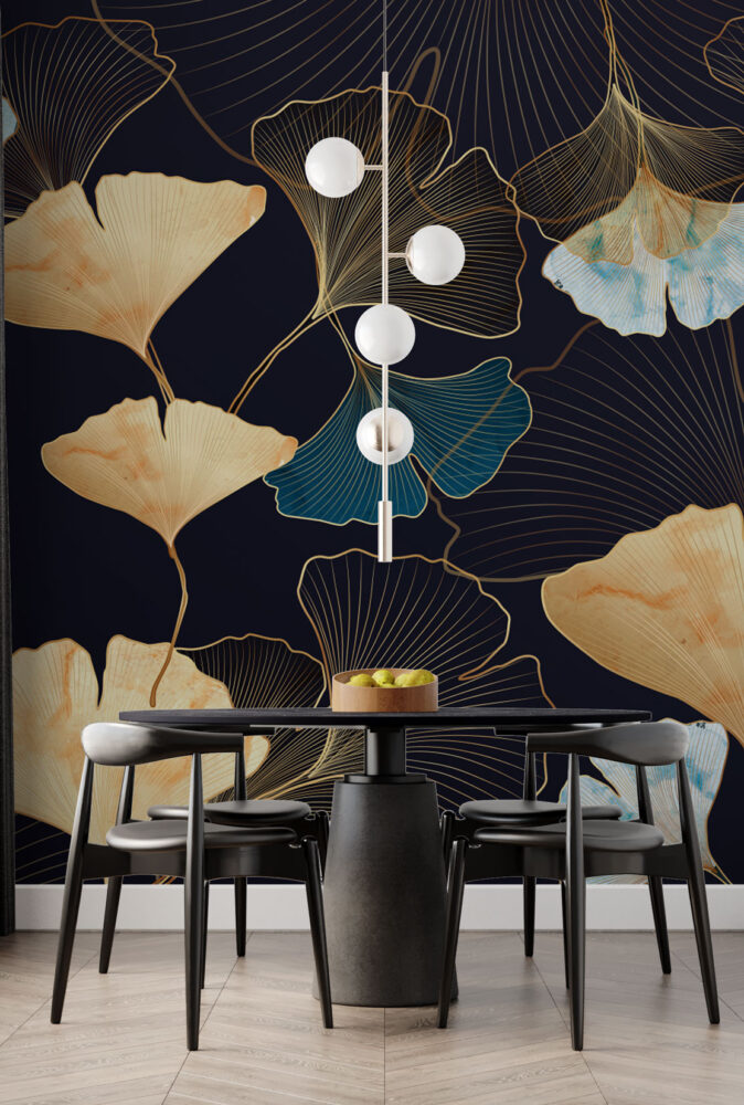 Gold Ginkgo Wallpaper : Navy Teal Leaf Line Art Mural - View 3