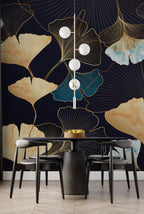 Gold Ginkgo Wallpaper : Navy Teal Leaf Line Art Mural - View 3