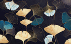 Gold Ginkgo Wallpaper : Navy Teal Leaf Line Art Mural - flat design