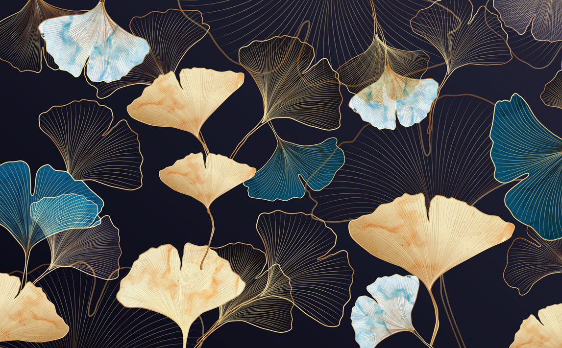 Gold Ginkgo Wallpaper : Navy Teal Leaf Line Art Mural - flat design