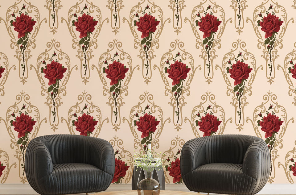 Baroque Rose Damask Wallpaper : Red Roses Gold Scroll Pattern - View 2