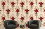 Baroque Rose Damask Wallpaper : Red Roses Gold Scroll Pattern - View 2