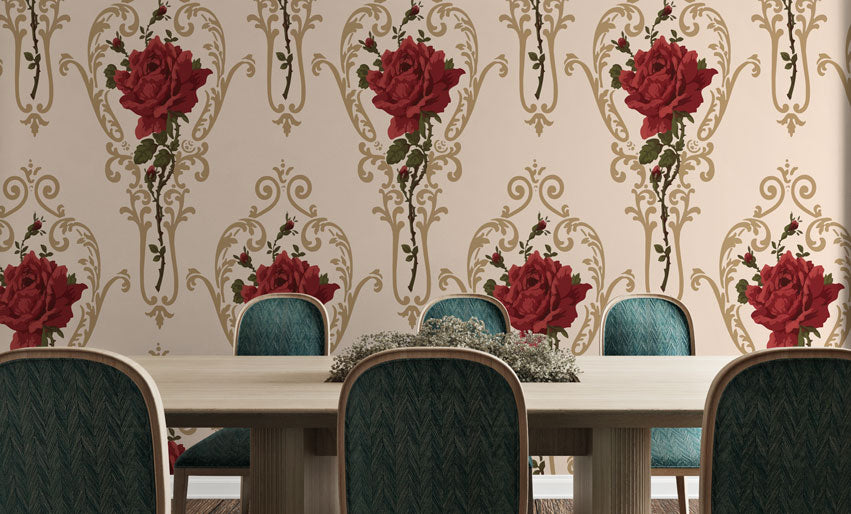 Baroque Rose Damask Wallpaper : Red Roses Gold Scroll Pattern - View 3