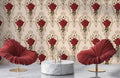 Baroque Rose Damask Wallpaper : Red Roses Gold Scroll Pattern