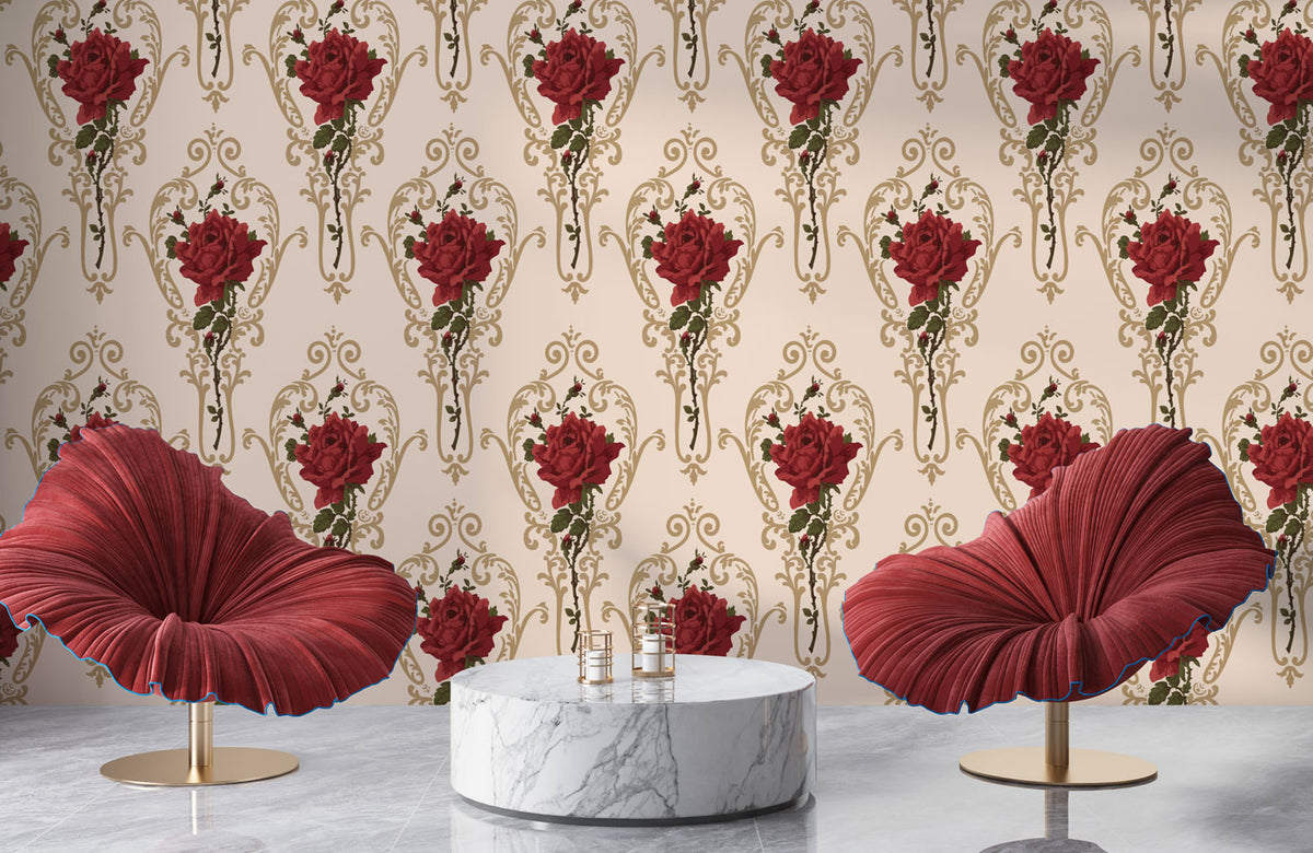 Baroque Rose Damask Wallpaper : Red Roses Gold Scroll Pattern