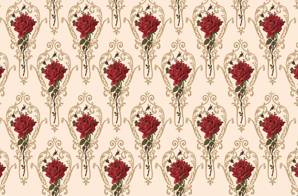 Baroque Rose Damask Wallpaper : Red Roses Gold Scroll Pattern - flat design