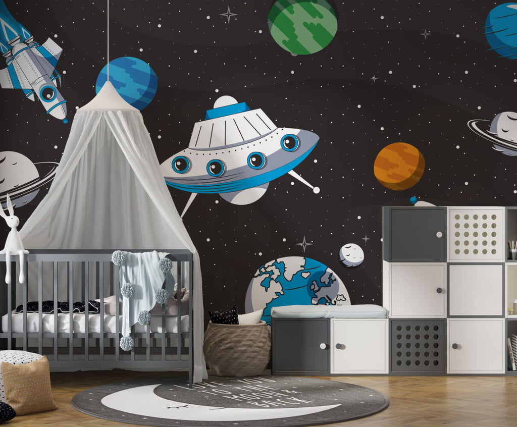 Space Rocket Wallpaper : Kids UFO Planets Galaxy Mural - View 2