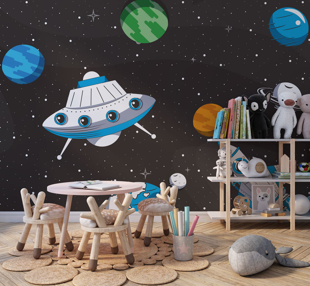 Space Rocket Wallpaper : Kids UFO Planets Galaxy Mural - View 3