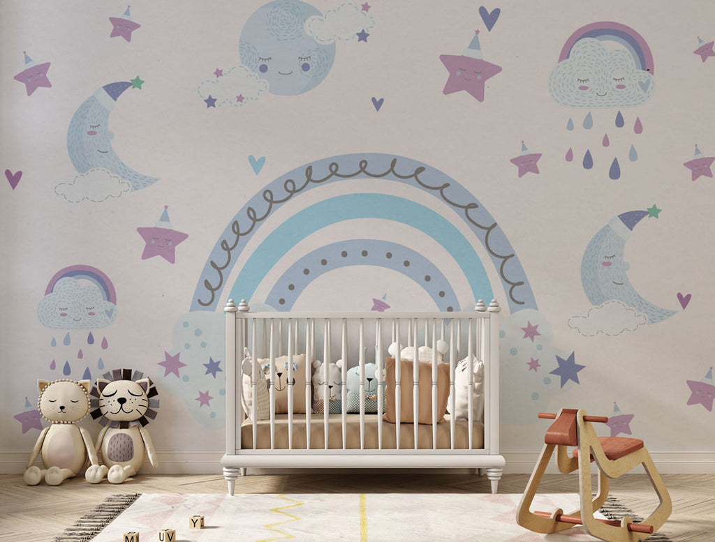 Pastel Rainbow Moon Wallpaper : Blue Clouds Nursery Mural - View 2
