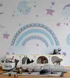Pastel Rainbow Moon Wallpaper : Blue Clouds Nursery Mural - View 3