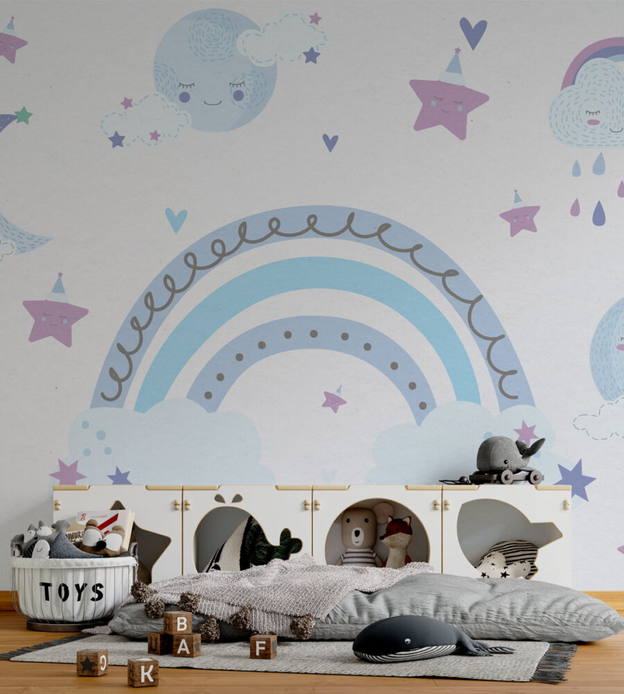 Pastel Rainbow Moon Wallpaper : Blue Clouds Nursery Mural - View 3