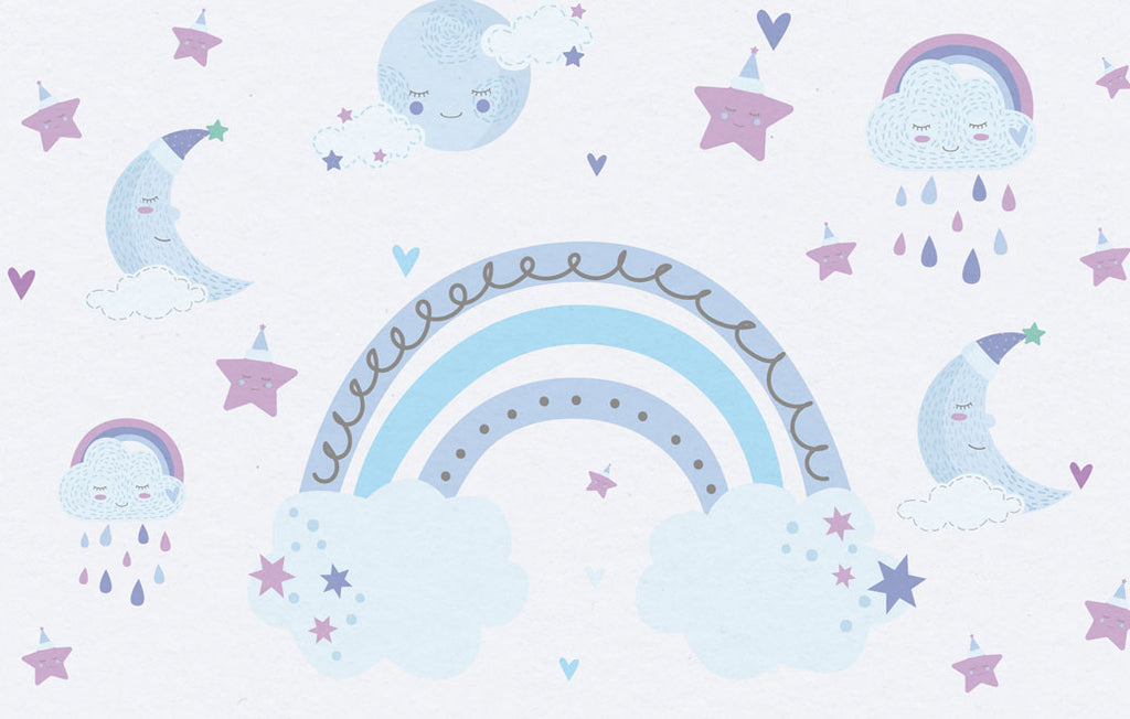 Pastel Rainbow Moon Wallpaper : Blue Clouds Nursery Mural - flat design