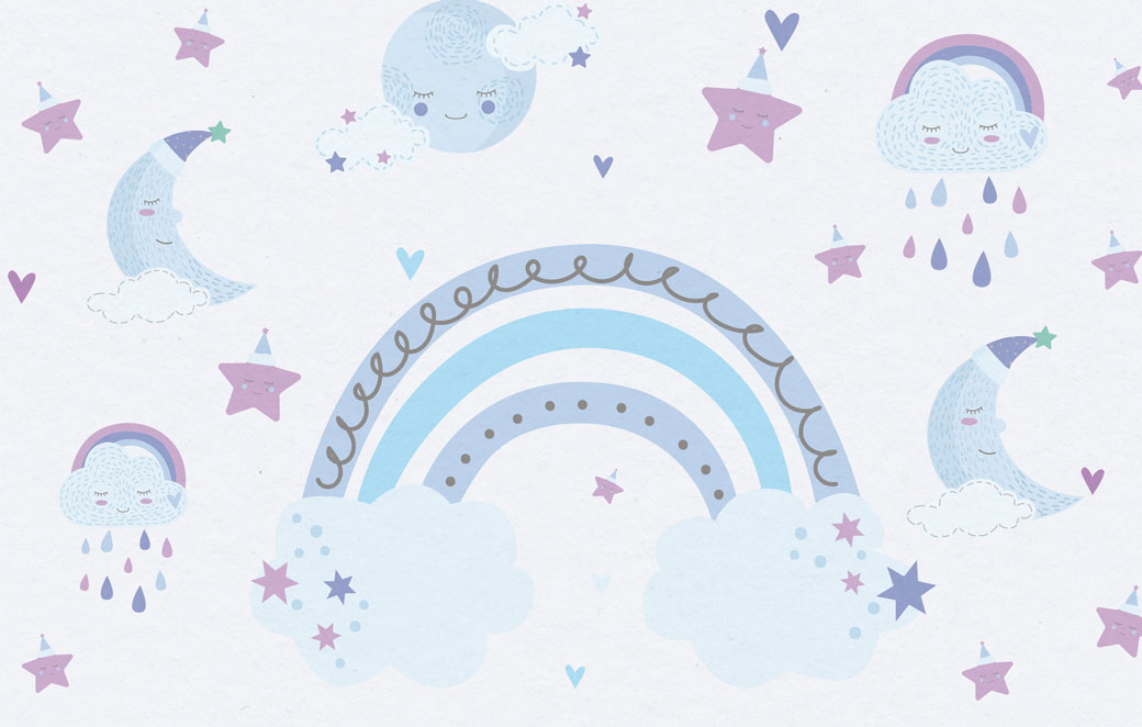 Pastel Rainbow Moon Wallpaper : Blue Clouds Nursery Mural - flat design