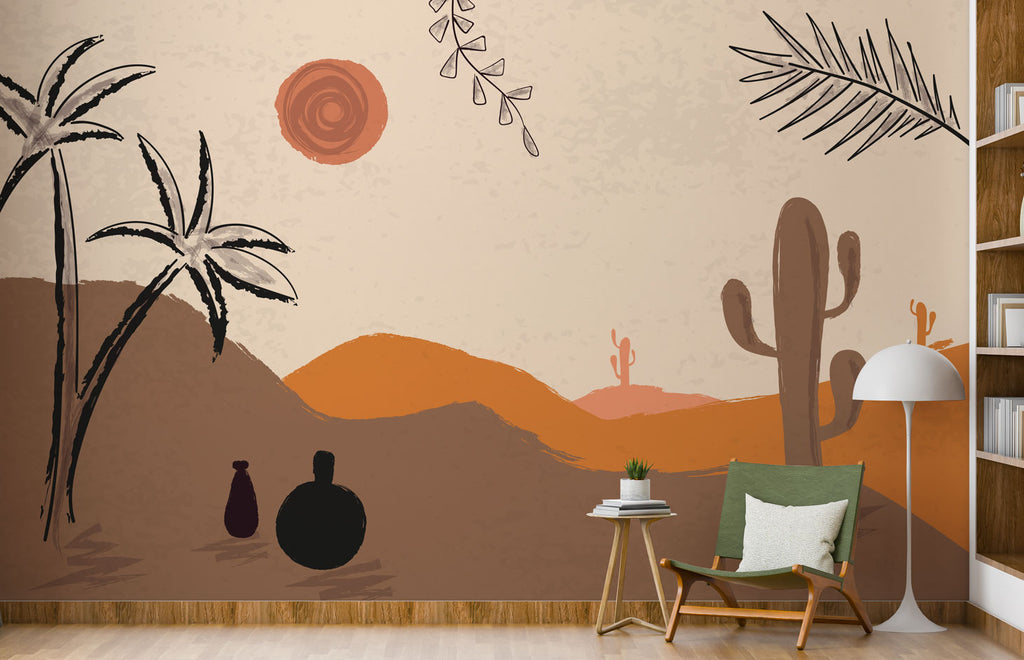 Boho Desert Wallpaper : Cactus Palm Sunset Dunes Mural - View 2