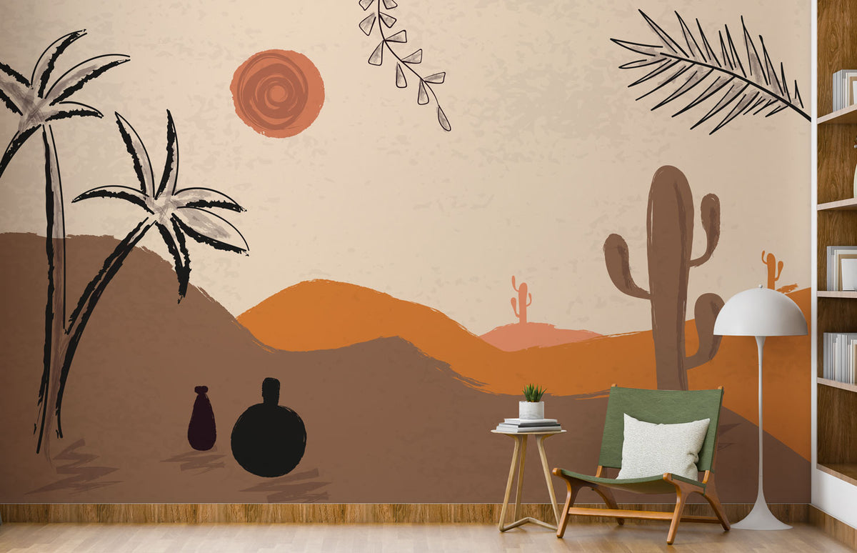 Boho Desert Wallpaper : Cactus Palm Sunset Dunes Mural - View 2