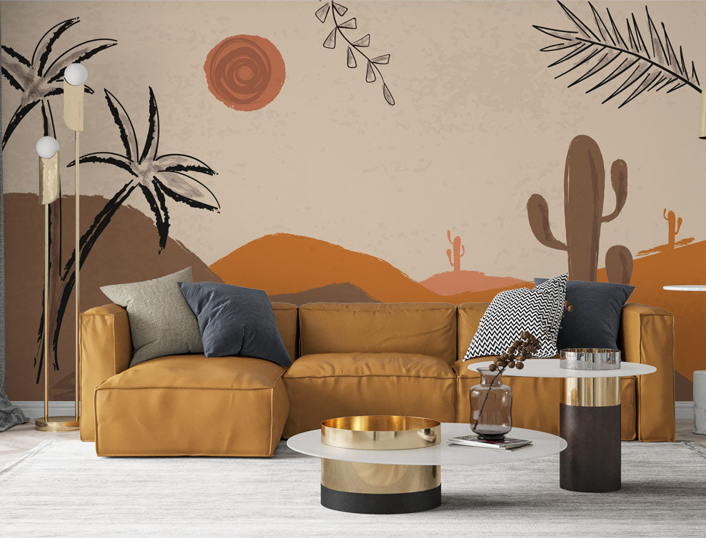 Boho Desert Wallpaper : Cactus Palm Sunset Dunes Mural - View 3