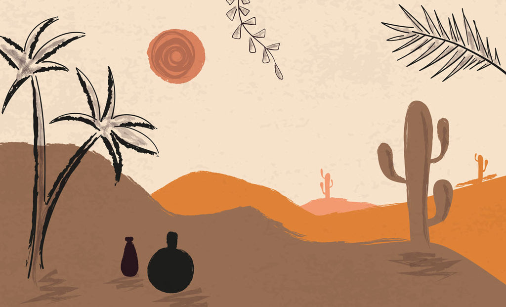 Boho Desert Wallpaper : Cactus Palm Sunset Dunes Mural - flat design