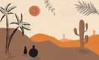 Boho Desert Wallpaper : Cactus Palm Sunset Dunes Mural - flat design