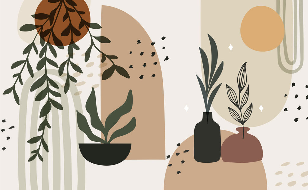 Boho Botanical Arch Wallpaper : Plants And Vases Abstract Mural - flat design